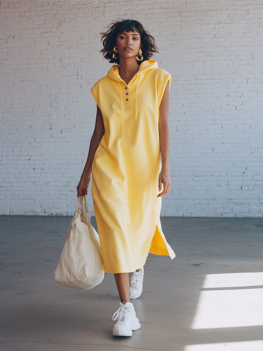 Casual Sporty Style Yellow Knitted Hooded With Buttons And Side Slits Midi Dress