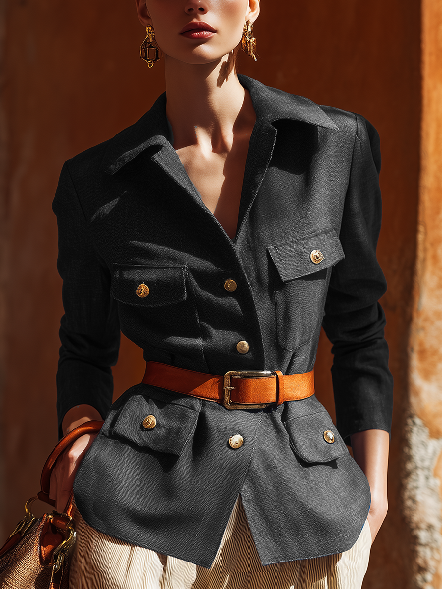 Retro-chic Cool Black Denim Collar Button Jacket