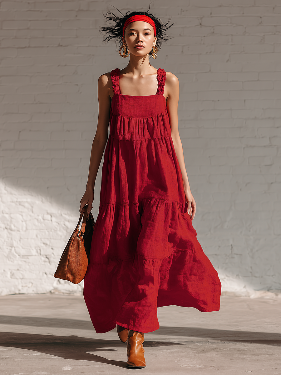 Casual Red Linen Elasticated Sleeveless Ruffled Midi Dress