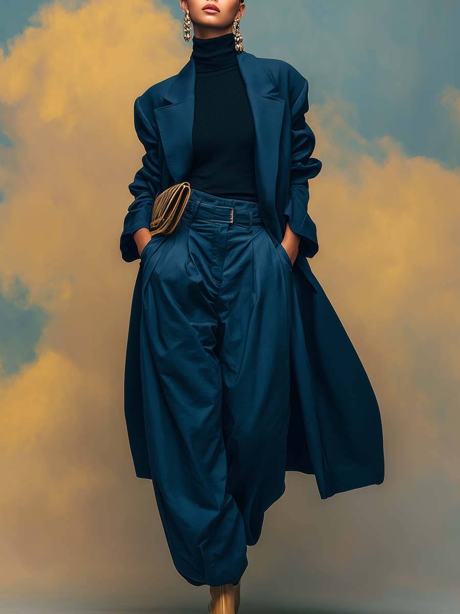 Exquisite Casual Urban Versatile Dark Blue Wide Lapel Trench Coat And Wide Pants Set