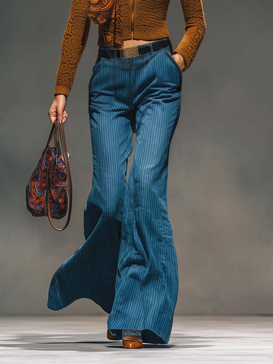 Retro Casual Blue Striped Denim Flared Pants