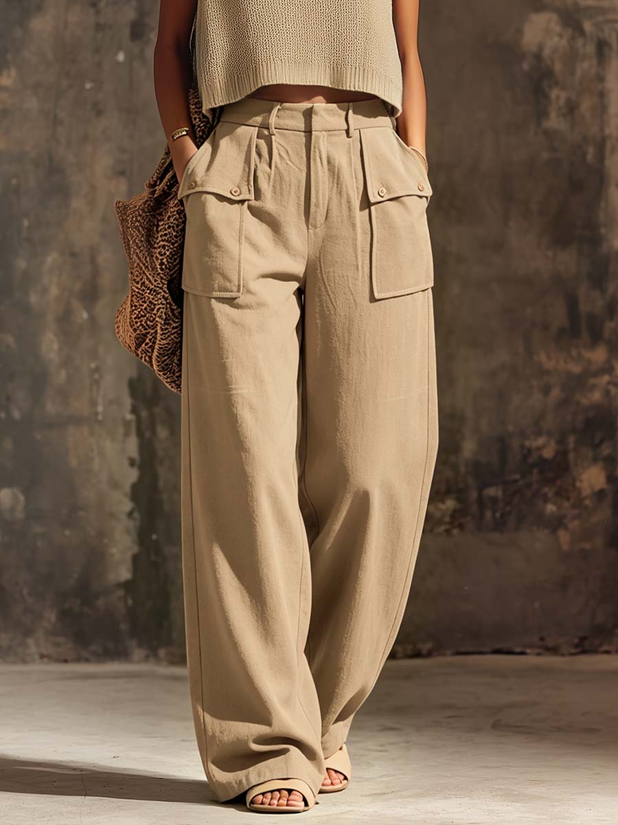 Casual Breathable Urban Style Beige Knitted Top And Cotton Pants Set