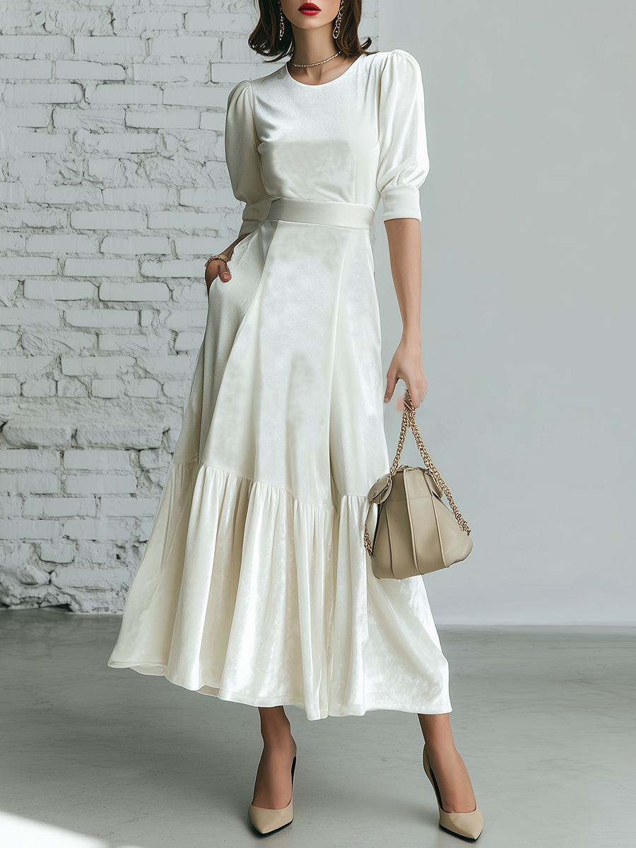 Stylish Simple Loose-fitting Short-sleeved Round-neck Cinched Waist Ruffled Hem White Velvet Midi Dress