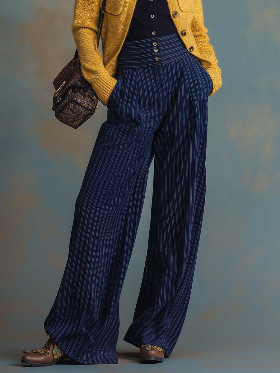 Vintage Versatile Navy Blue Striped Wide-leg Pants