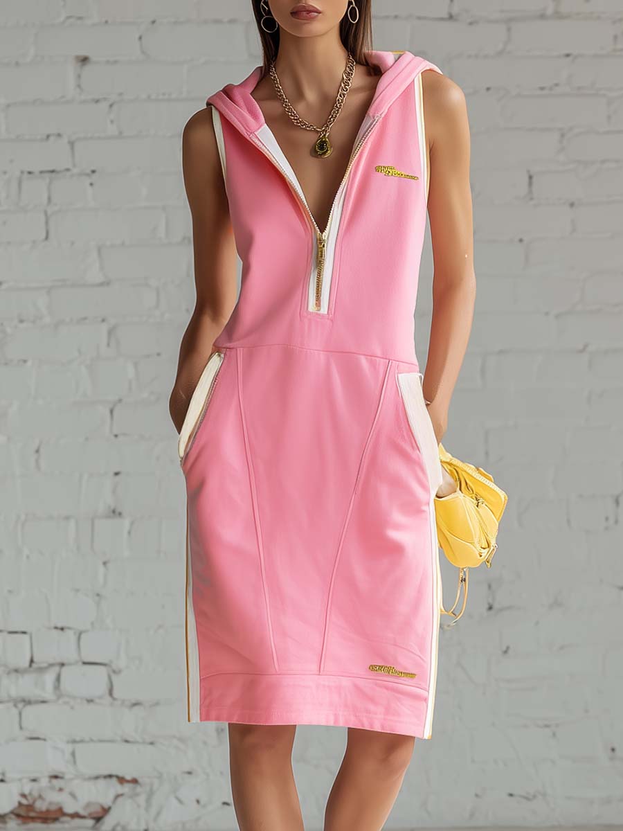 Fashion Sporty Sleeveless Hooded V-neck Front Zipper Pink Cotton Midi Dress.