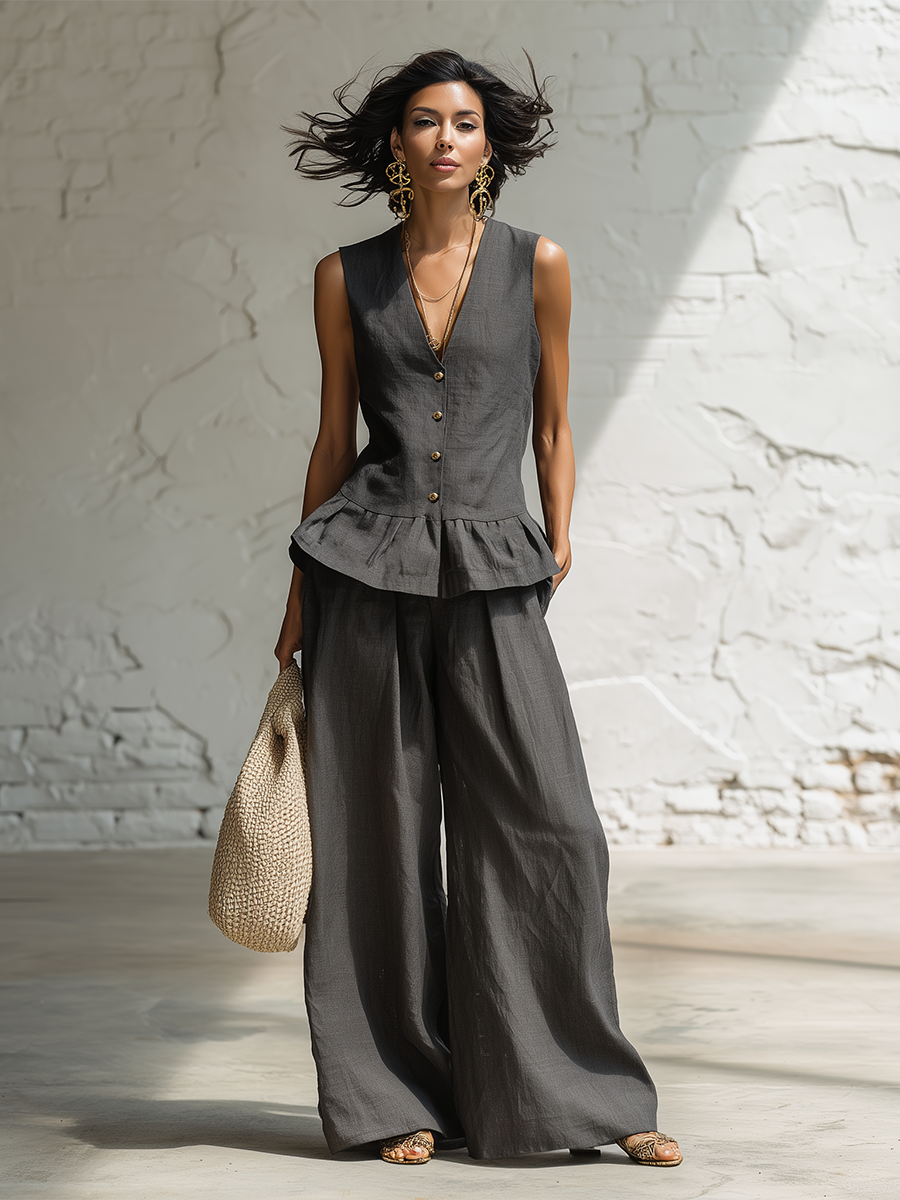 Urban Grey Cotton And Linen V-neck Ruffle Sleeveless Top And Wide Leg Pants Set