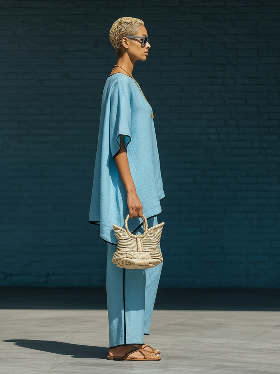 Stylish Simple Loose-fitting Short-sleeved Irregular Hem Top And Wide-leg Pants Blue Cotton Set