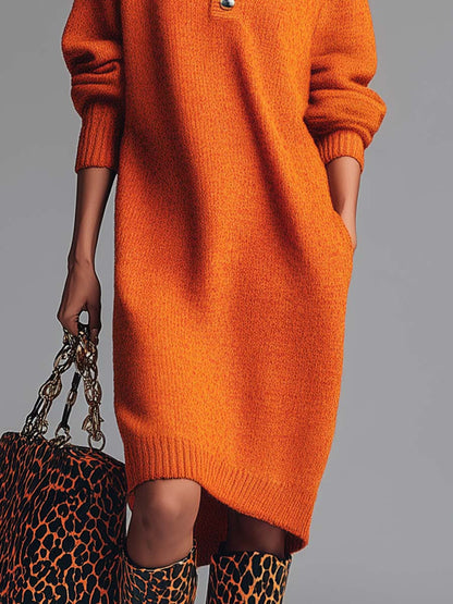 Comfortable And Fashionable Lapel Front Button Orange Knitted Midi Dress