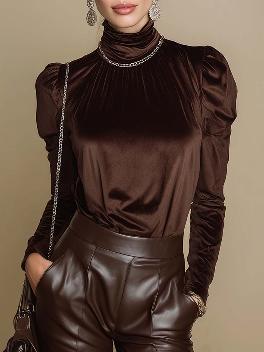 Retro Fashion Brown Velvet Puff Sleeve Sweatshirt