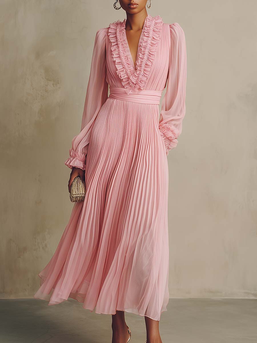 Retro-chic Flowy V-neck Pink Chiffon Pleated Midi Dress