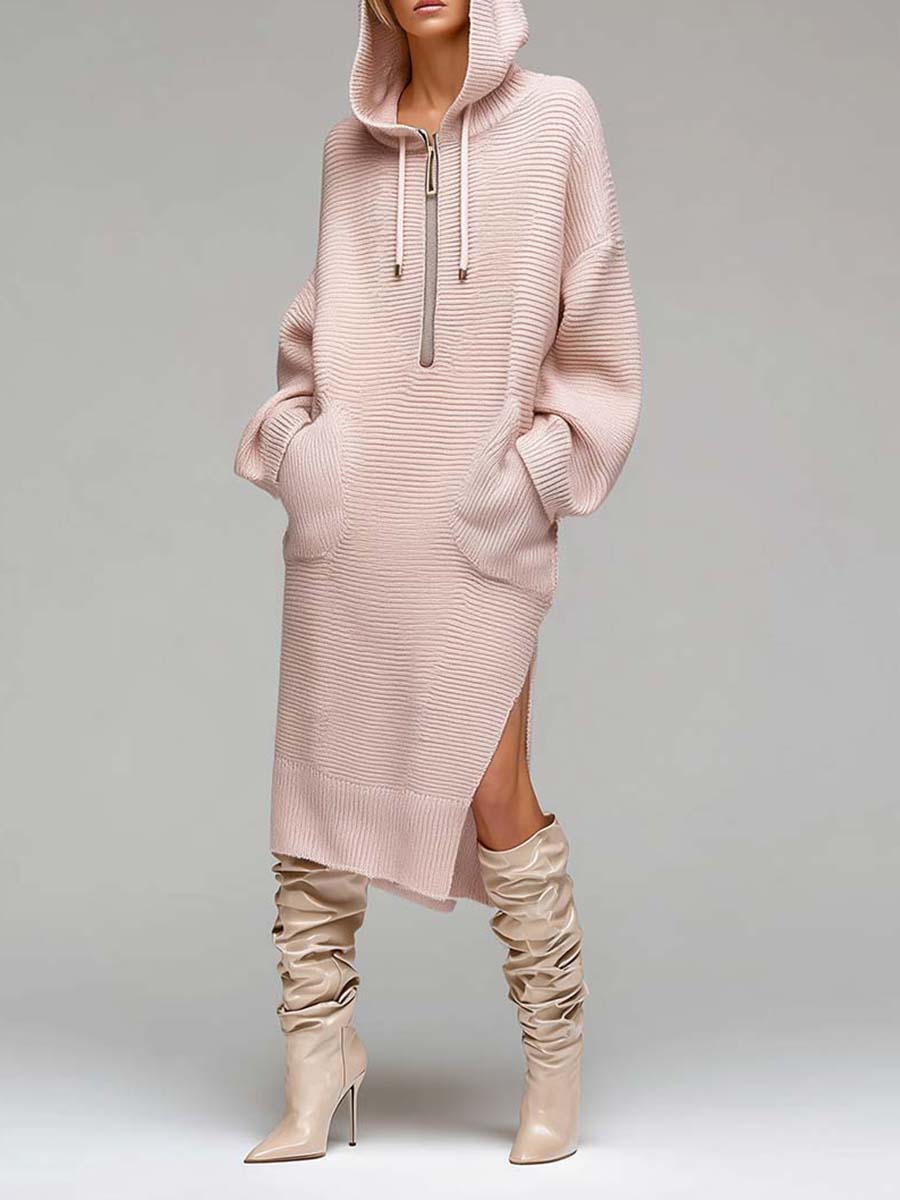 Retro Fashion Pink Pullover Wool Midi Dress