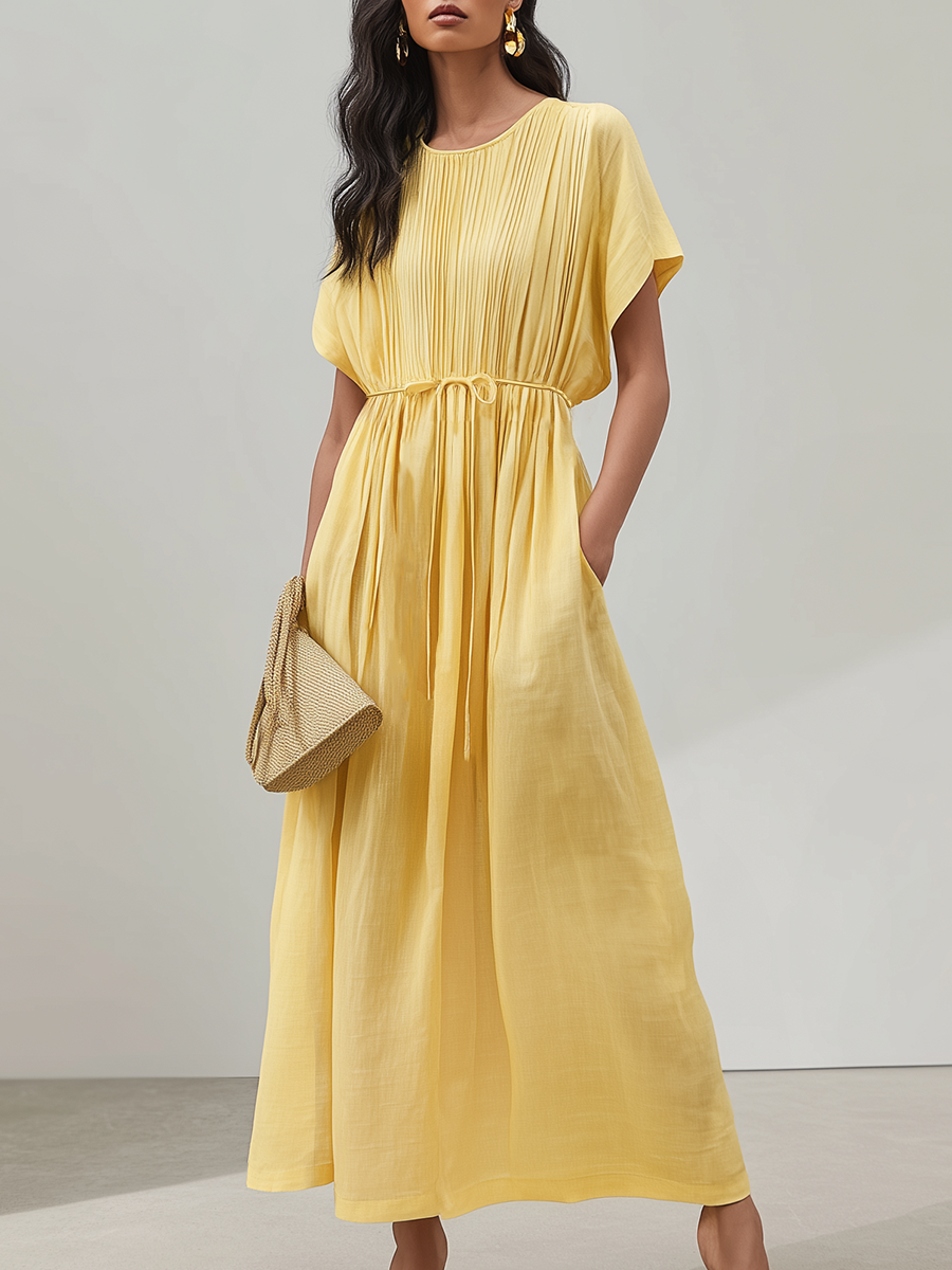 Vacation Style Casual Yellow Short Sleeved With Pleats Made Of Cotton Linen Blend Fabric Midi Dress