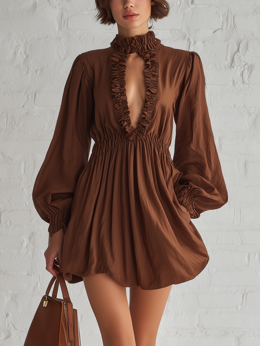 Stylish Simple Loose-fitting Long-sleeved V-neck Cutout Ruffle Cotton Brown Mini Dress