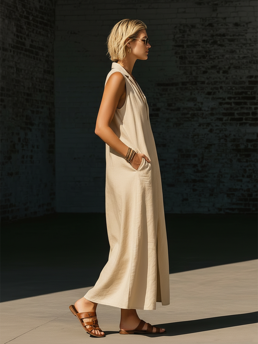Stylish Simple Sleeveless V-neck Front Slit  Side Pockets Beige Cotton Maxi Dress