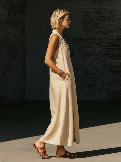 Stylish Simple Sleeveless V-neck Front Slit  Side Pockets Beige Cotton Maxi Dress