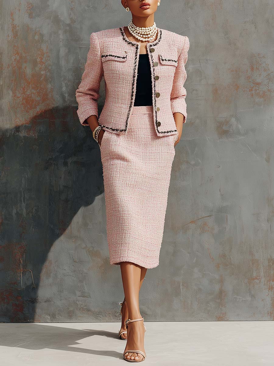 Exquisite And Fashionable Light Pink Tweed Round Neck Black Trim Front Button Jacket And Skirt Set
