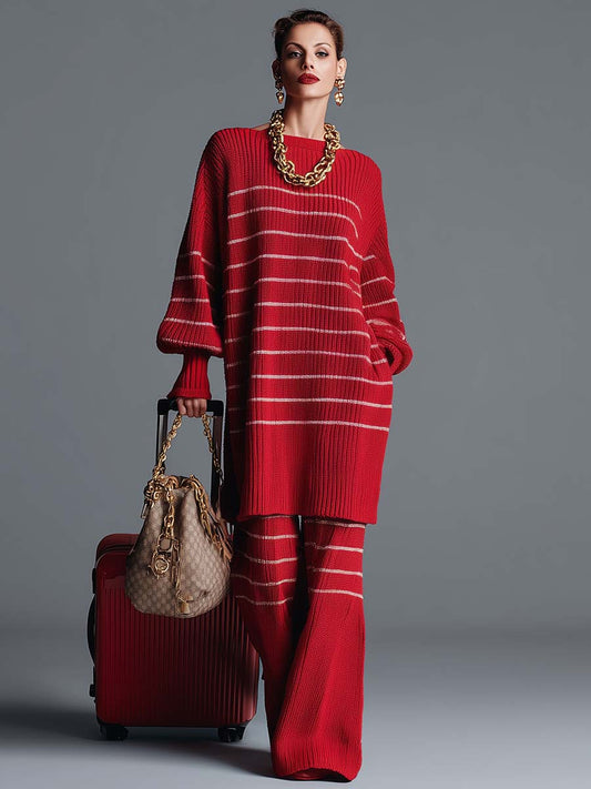 Vintage Fashion Street Red Striped Knitted Top And Pants Set