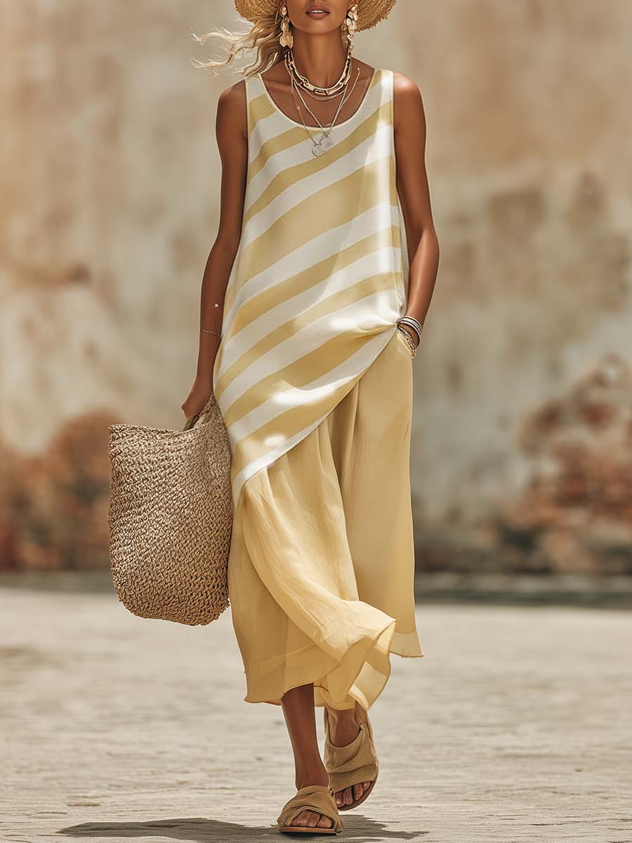 Casual Vacation Yellow And White Striped Satin Top And Yellow Cotton Linen Pants Set