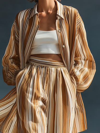 Stylish Simple Striped Loose-fitting Long-sleeved Front Buttons Collared Shirt And Wide-leg Trousers Set