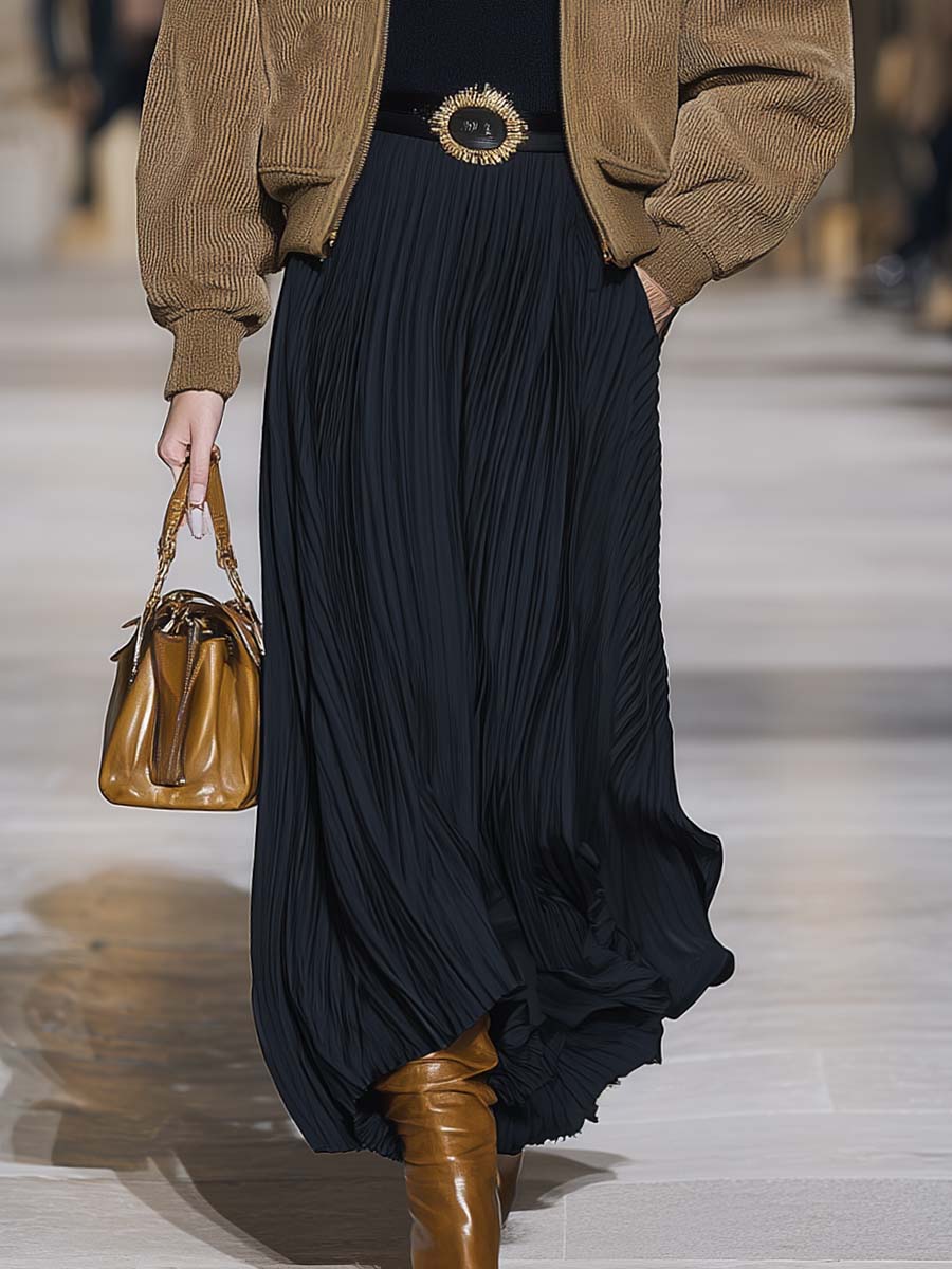 Exquisite Fashionable And Versatile Dark Blue Matte Satin Pleated Skirt