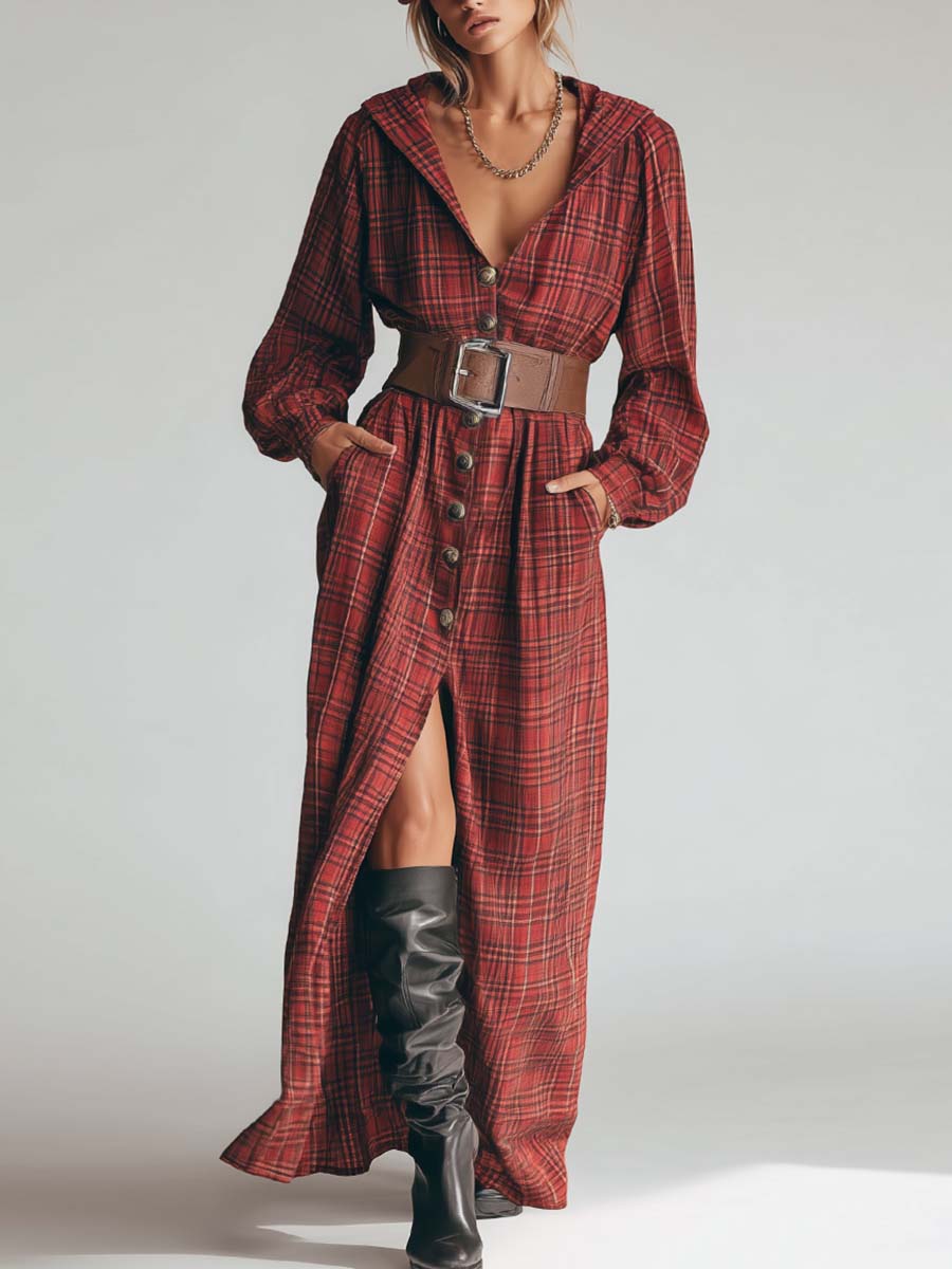 Vintage Casual Artistic Hooded V-neck Front Button Red Plaid Slit Maxi Dress