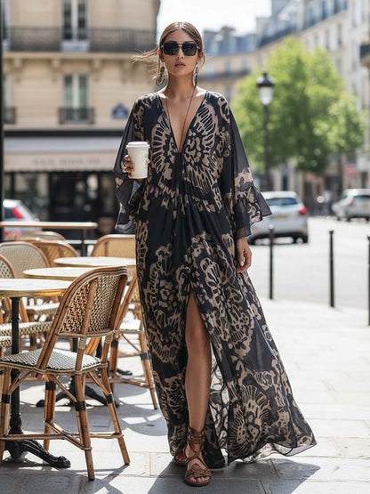 Elegant And Flowing Retro Print V-neck Dark Blue Chiffon Slit Maxi Dress