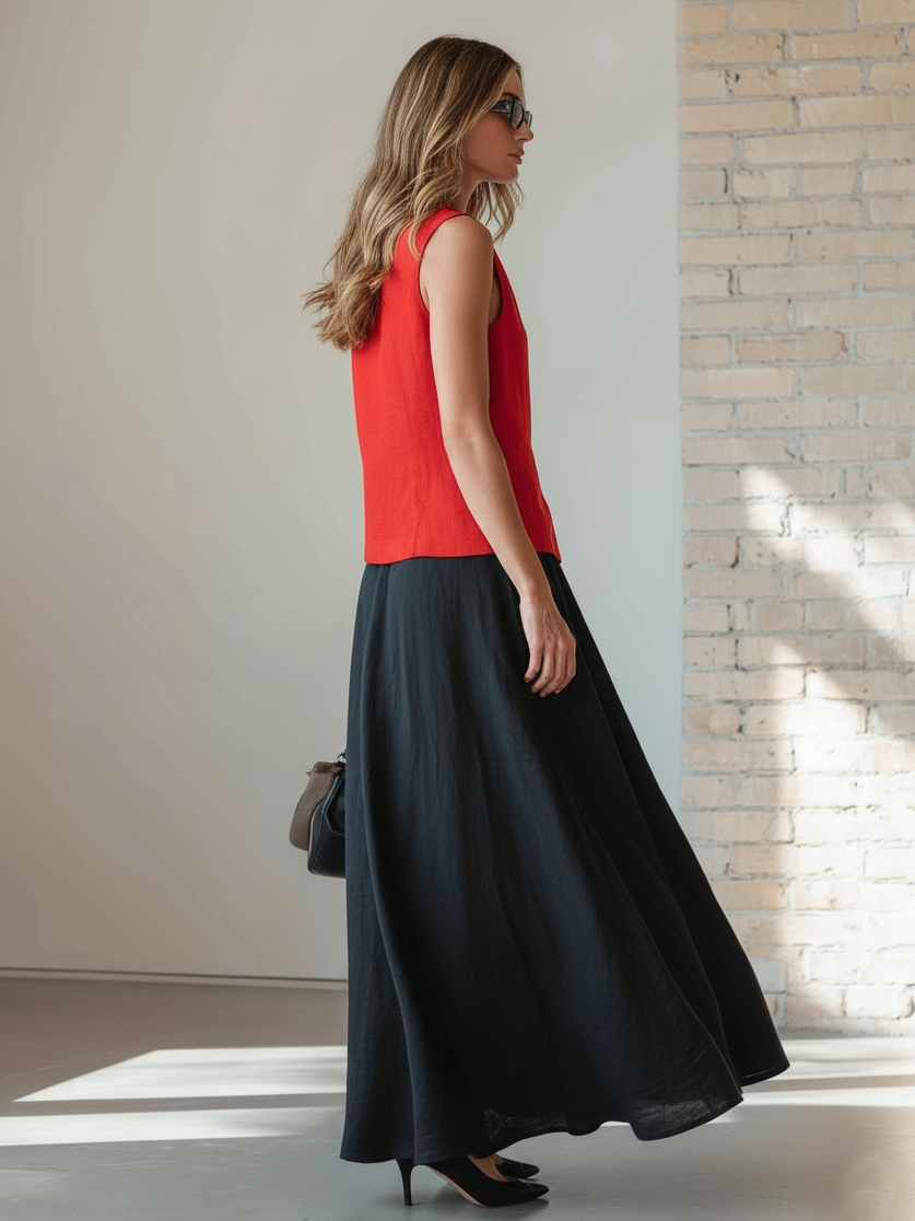 Stylish Minimalist Sleeveless V-Neck Button-Front Red Top And Black Skirt Cotton Set