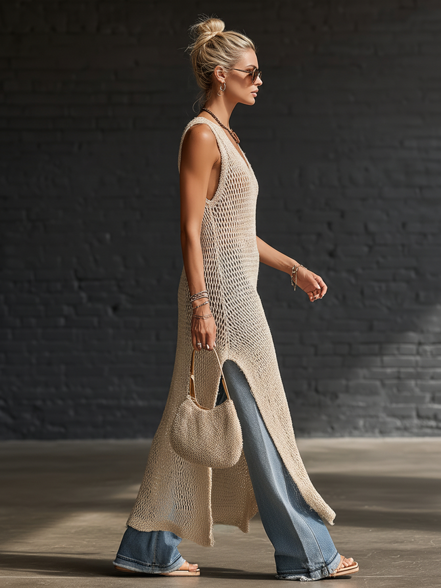 Retro-chic Loose-fitting Sleeveless V-neck Side-slit Cutout Knit Beige Maxi Dress
