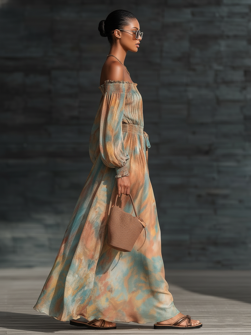 Stylish Minimalist Long-Sleeve Off-Shoulder  Waist Tie Oil-Painting Style Print Chiffon Maxi Dress