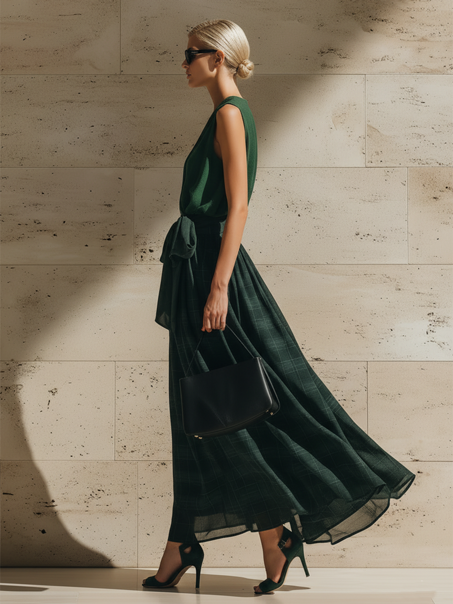 Stylish Simple Sleeveless V-Neck Cotton Top And Green Plaid Waist-Tie Chiffon Maxi Skirt Green Set