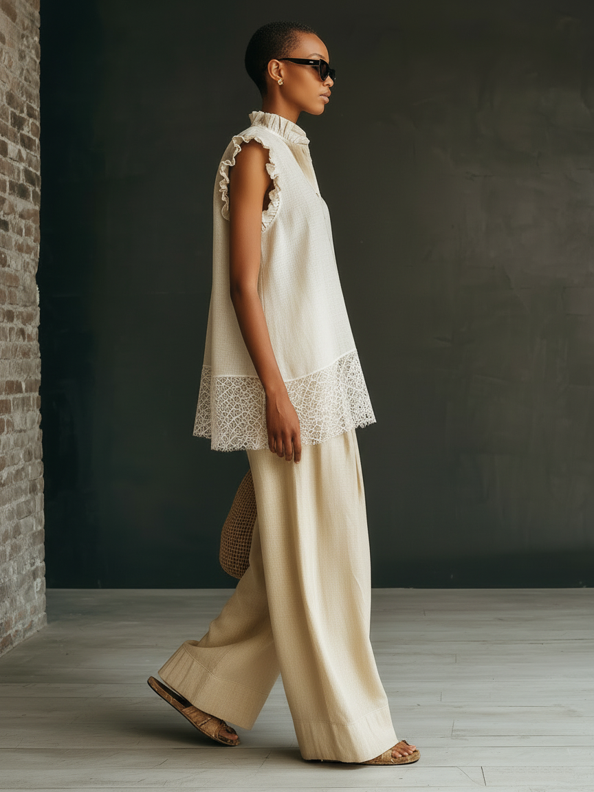 Chic Minimalist Sleeveless Ruffled Polo Collar Front Buttons Lace Paneling Top And Wide-Leg Pants Beige Cotton Set