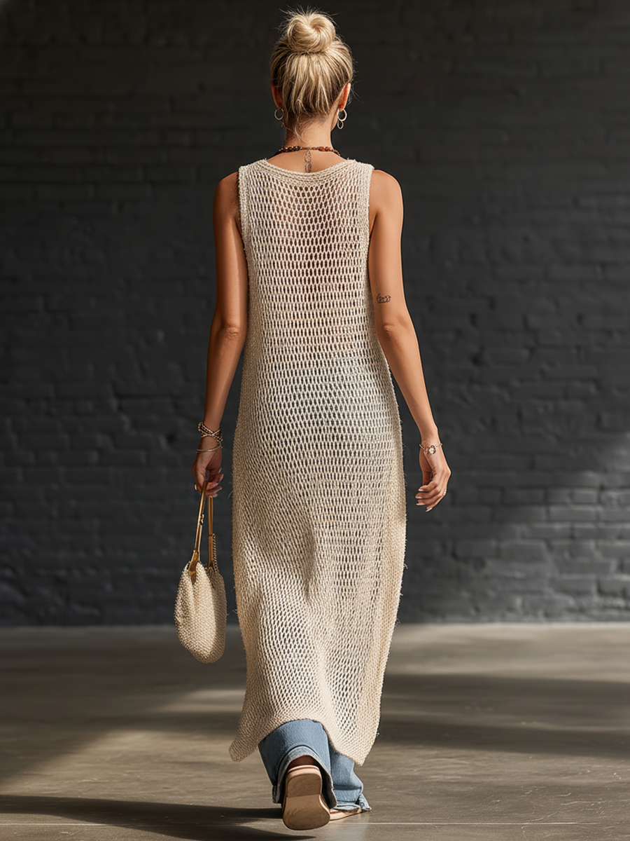 Retro-chic Loose-fitting Sleeveless V-neck Side-slit Cutout Knit Beige Maxi Dress