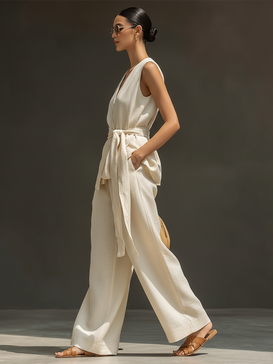 Chic Minimalist Sleeveless V-Neck Tie-Waist Top And Wide-Leg Trousers Cream Cotton Set