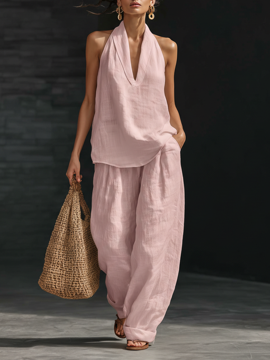 Casual Urban Style White Linen V-neck Sleeveless Top And Wide Leg Pants Set