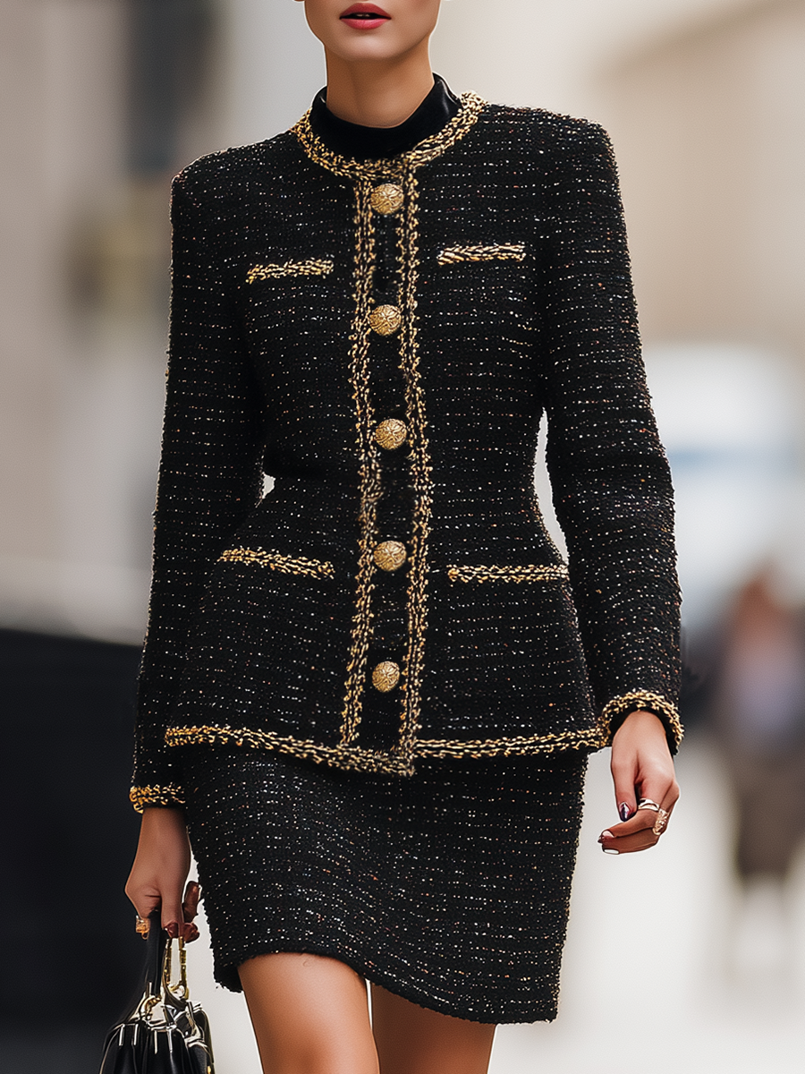 Elegant Vintage Gold Trim Tweed Jacket And Skirt Set