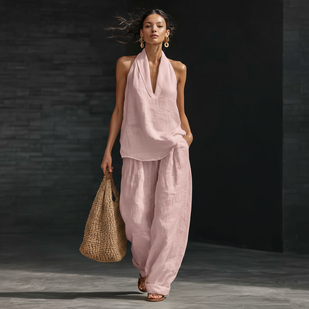Casual Urban Style White Linen V-neck Sleeveless Top And Wide Leg Pants Set