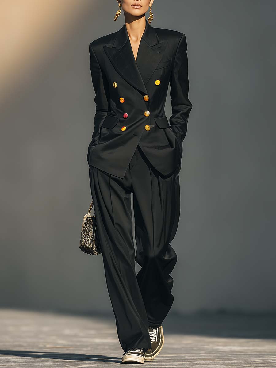 Classic And Unique Urban Black Satin Peak Lapel Colorful Double-breasted Blazer And Trousers Suit