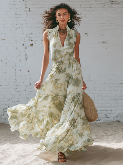 Casual White Chiffon Printed V-neck Sleeveless Ruffled Maxi Dress