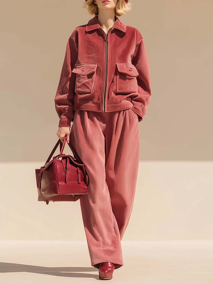 Retro Fashion Pink Double Pocket Corduroy Pants Set