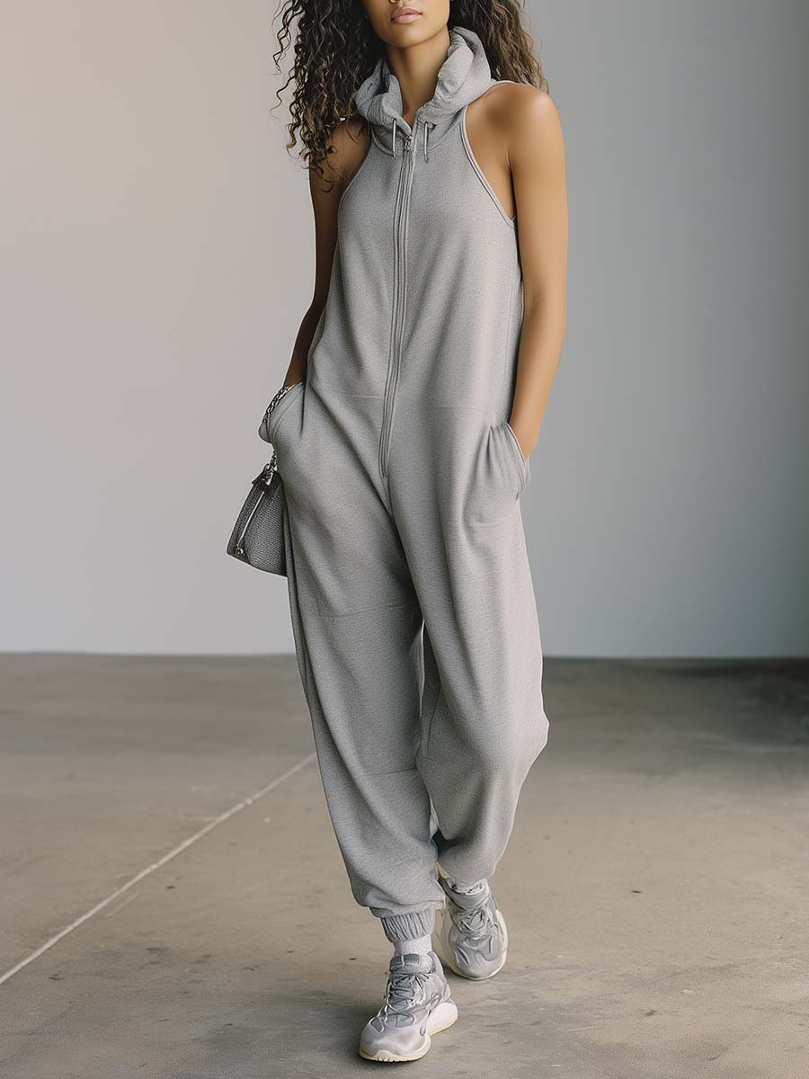 Retro Casual Sporty Hooded Front-zip Sleeveless Gray Cotton Jumpsuit