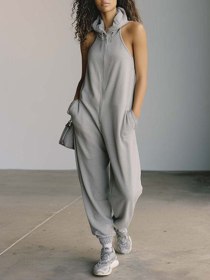 Retro Casual Sporty Hooded Front-zip Sleeveless Gray Cotton Jumpsuit