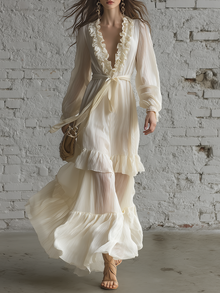 Stylish Simple Loose-fitting Long-sleeved V-neck Tie Ruffled Hem Pleated White Chiffon Dress