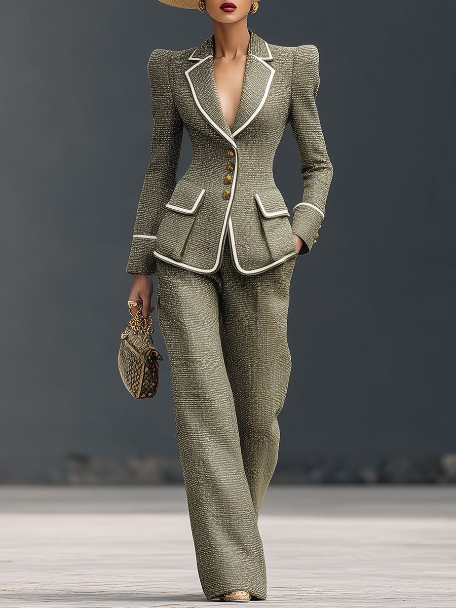 Elegant Vintage Fruit Green Tweed V-neck Puff Shoulder White Trim Jacket And Pants Set