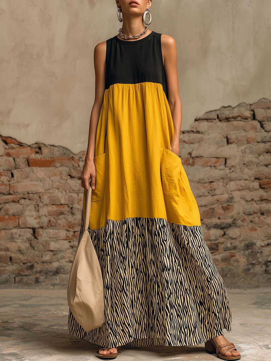 Retro Urban Round Neck Sleeveless Yellow And Black Color-blocked Cotton Chiffon Hem Maxi Dress