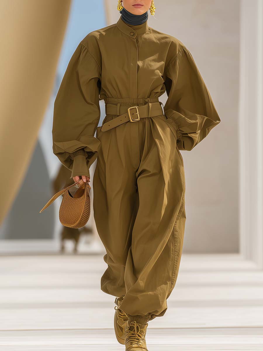 Retro Exquisite Khaki Small Stand-up Collar Leg-of-mutton Sleeve Top And Wide Pants Set