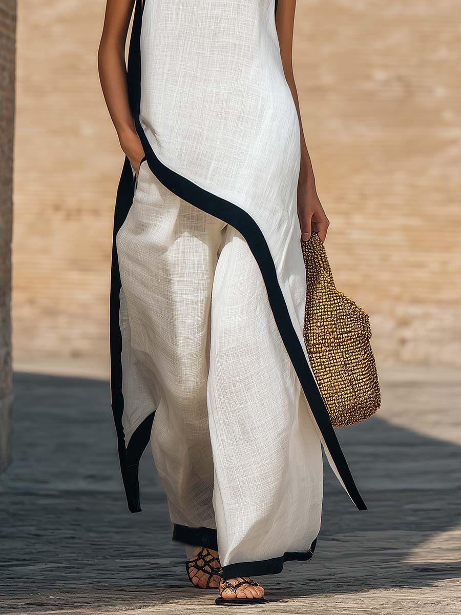 Temperament Casual Hooded White Black Trim White Cotton And Linen Asymmetrical Long Top And Pants Set