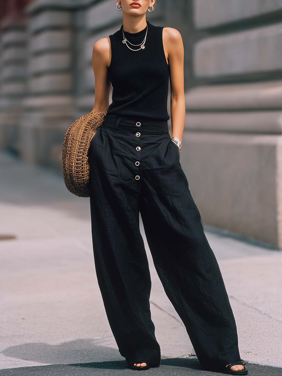 Retro Urban Black Knit Vest And Cotton-linen Pants Set