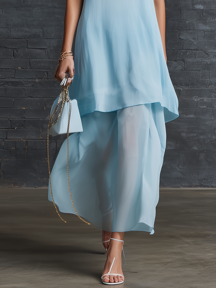 Stylish Simple Loose-fitting Sleeveless Stand-neck Double-layered Pleated Blue Chiffon Maxi Dress