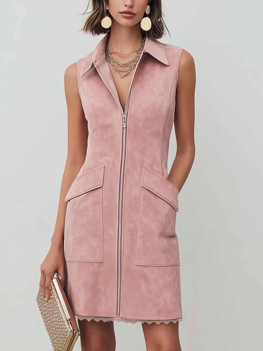 Stylish And Cool Pink Faux Suede Collared Sleeveless  With Zipper And Two Pockets Mini Dress