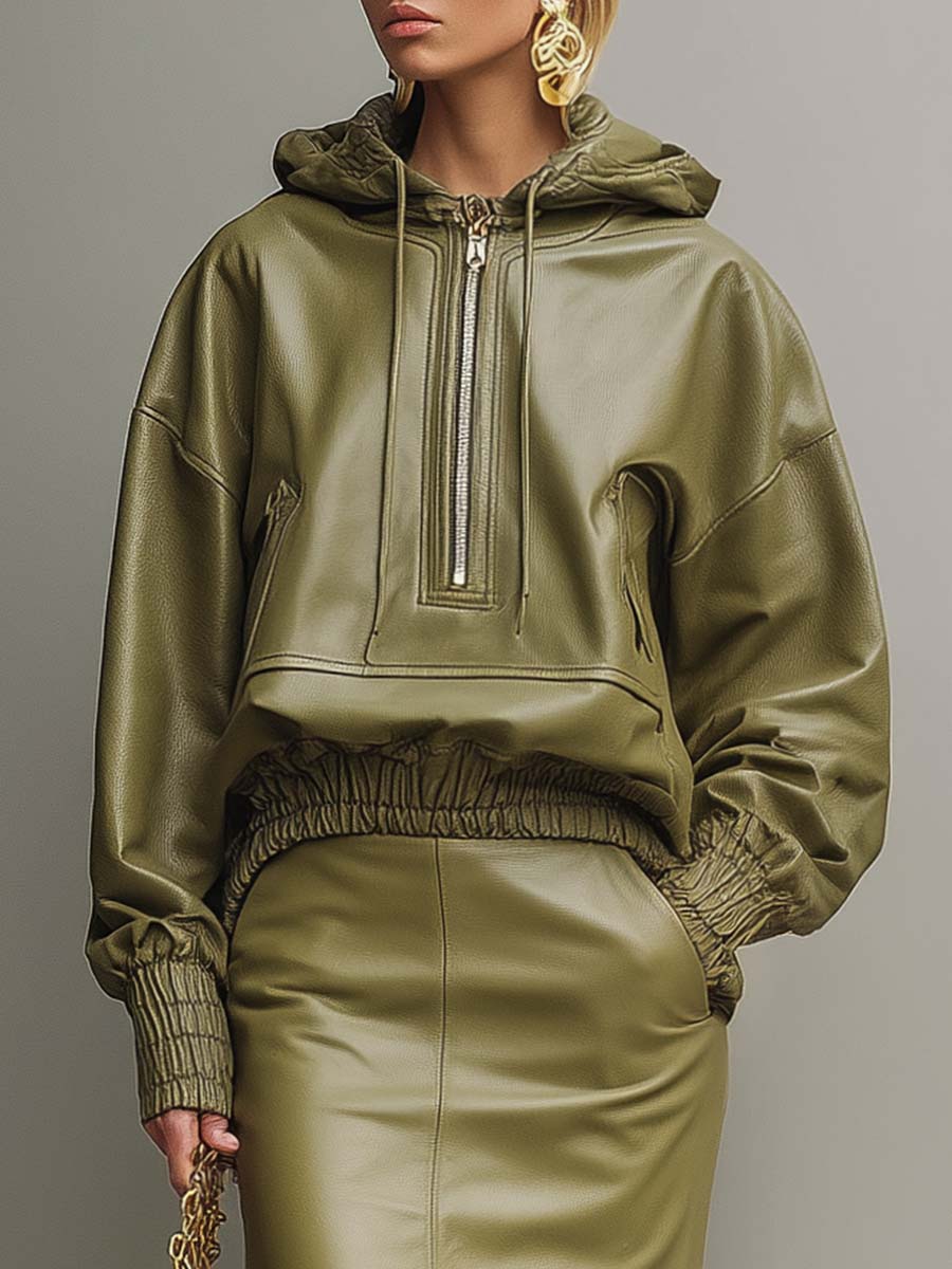 Exquisite And Fashionable Front Zipper And Elastic Hem Fruit Green Eco-friendly Leather Hoodie